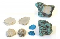 Broken (and cut) magnesite nuggets showing both natural and dyed versions.